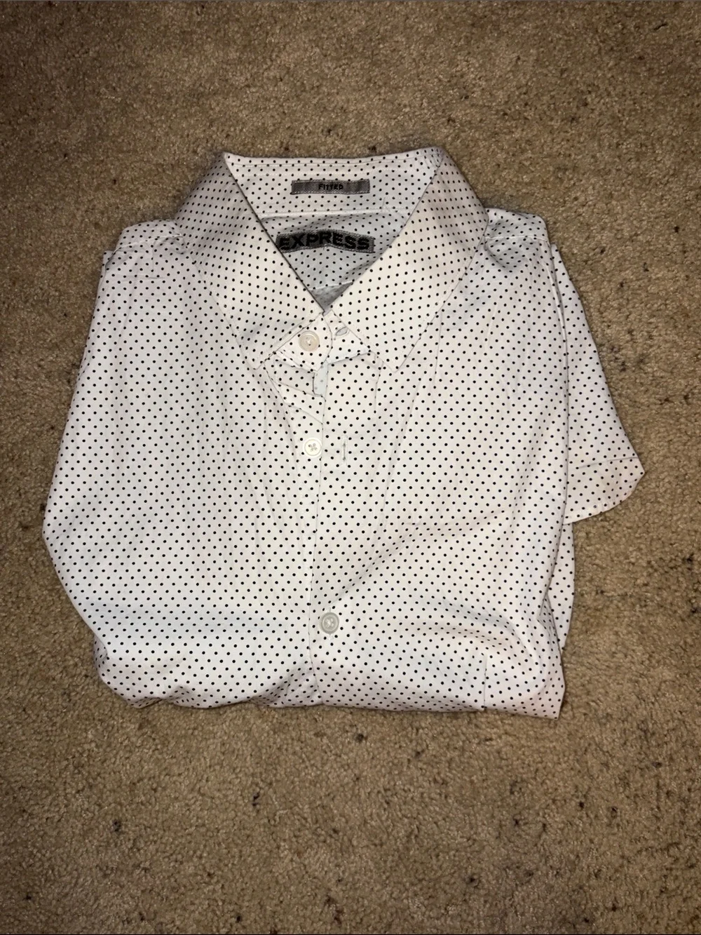 Express Men’s White Short-Sleeve Button-Down Shirt with Black Micro Dots
